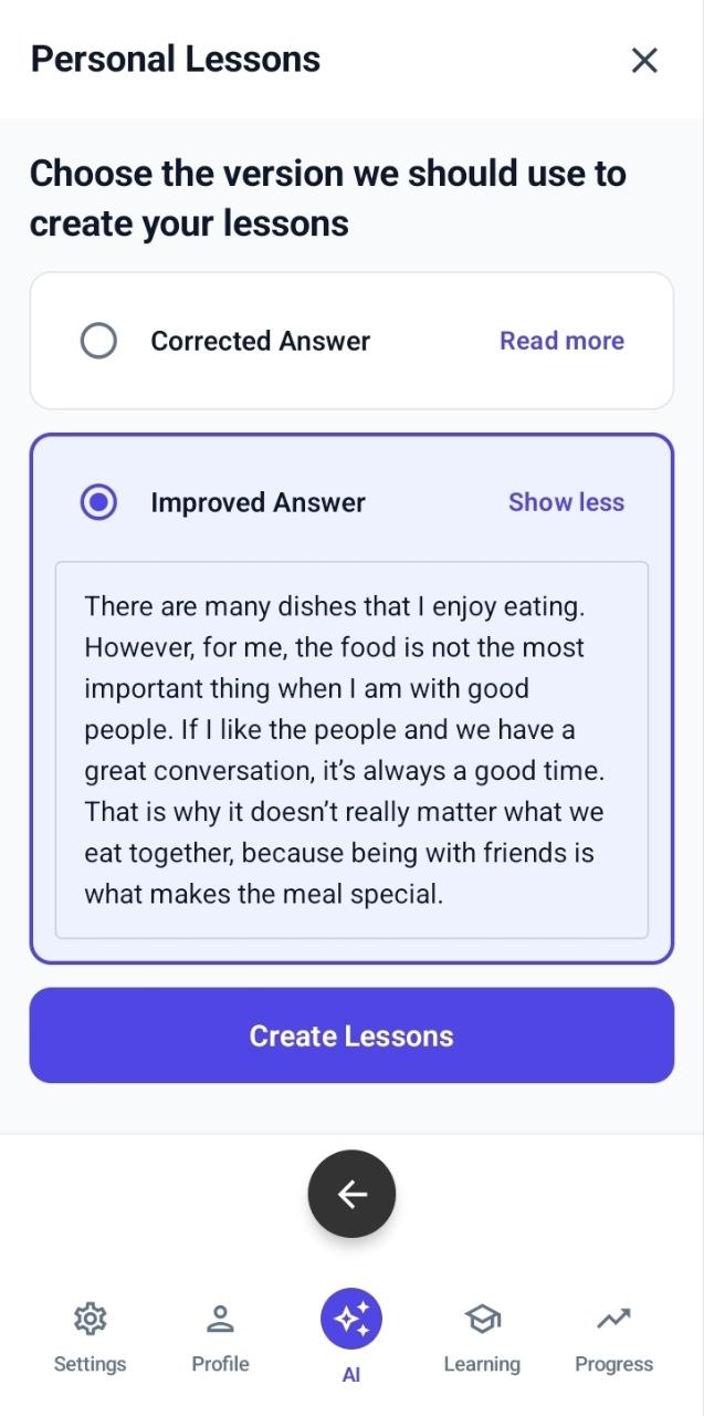 Choose the improved answer for lessons
